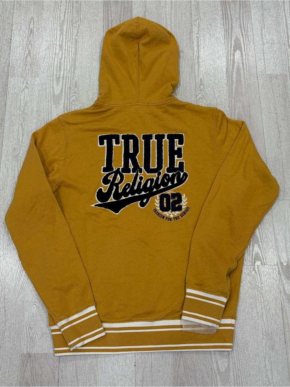 True Religion Varsity-Style Logo Hoodie (Mustard / Gold / Black / White) SIZE M